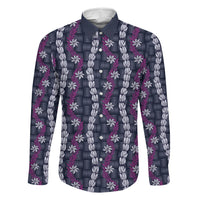 Pikake Maile Tiare Lei Family Matching Off Shoulder Short Dress and Hawaiian Shirt Poni Lauhala Pattern LT01 Dad's Shirt - Long Sleeve Purple - Polynesian Pride