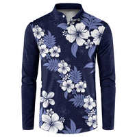 Hawaiian Hibiscus Tribal Floral Blue Button Sweatshirt Polynesian Tapa Pattern - Polynesian Pride
