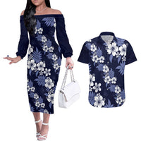 Hawaiian Hibiscus Tribal Floral Blue Couples Matching Off The Shoulder Long Sleeve Dress and Hawaiian Shirt Polynesian Tapa Pattern - Polynesian Pride