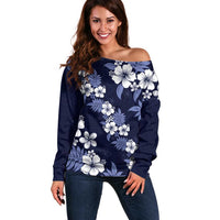 Hawaiian Hibiscus Tribal Floral Blue Off Shoulder Sweater Polynesian Tapa Pattern - Polynesian Pride