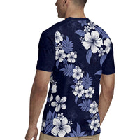 Hawaiian Hibiscus Tribal Floral Blue Rugby Jersey Polynesian Tapa Pattern - Polynesian Pride