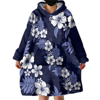 Hawaiian Hibiscus Tribal Floral Blue Wearable Blanket Hoodie Polynesian Tapa Pattern - Polynesian Pride
