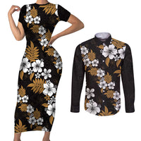 Hawaiian Hibiscus Tribal Floral Brown Couples Matching Short Sleeve Bodycon Dress and Long Sleeve Button Shirt Polynesian Tapa Pattern - Polynesian Pride