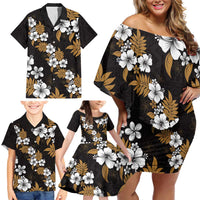Hawaiian Hibiscus Tribal Floral Brown Family Matching Off Shoulder Short Dress and Hawaiian Shirt Polynesian Tapa Pattern - Polynesian Pride