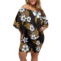 Hawaiian Hibiscus Tribal Floral Brown Off Shoulder Short Dress Polynesian Tapa Pattern - Polynesian Pride