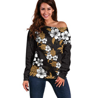 Hawaiian Hibiscus Tribal Floral Brown Off Shoulder Sweater Polynesian Tapa Pattern LT01 Women Brown - Polynesian Pride