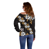 Hawaiian Hibiscus Tribal Floral Brown Off Shoulder Sweater Polynesian Tapa Pattern LT01 - Polynesian Pride