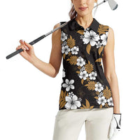 Hawaiian Hibiscus Tribal Floral Brown Women Sleeveless Polo Shirt Polynesian Tapa Pattern - Polynesian Pride