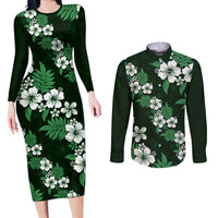Hawaiian Hibiscus Tribal Floral Green Couples Matching Long Sleeve Bodycon Dress and Long Sleeve Button Shirt Polynesian Tapa Pattern - Polynesian Pride