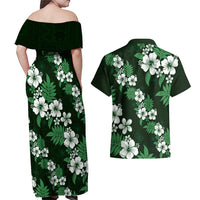 Hawaiian Hibiscus Tribal Floral Green Couples Matching Off Shoulder Maxi Dress and Hawaiian Shirt Polynesian Tapa Pattern - Polynesian Pride