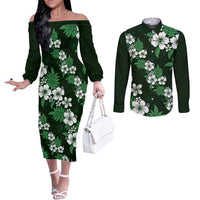 Hawaiian Hibiscus Tribal Floral Green Couples Matching Off The Shoulder Long Sleeve Dress and Long Sleeve Button Shirt Polynesian Tapa Pattern - Polynesian Pride