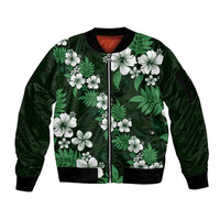 Hawaiian Hibiscus Tribal Floral Green Sleeve Zip Bomber Jacket Polynesian Tapa Pattern - Polynesian Pride