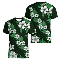 Hawaiian Hibiscus Tribal Floral Green Women V-Neck T-Shirt Polynesian Tapa Pattern - Polynesian Pride