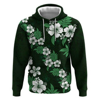 Hawaiian Hibiscus Tribal Floral Green Zip Hoodie Polynesian Tapa Pattern - Polynesian Pride