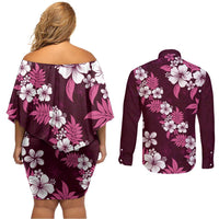 Hawaiian Hibiscus Tribal Floral Pink Couples Matching Off Shoulder Short Dress and Long Sleeve Button Shirt Polynesian Tapa Pattern - Polynesian Pride