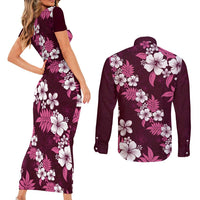 Hawaiian Hibiscus Tribal Floral Pink Couples Matching Short Sleeve Bodycon Dress and Long Sleeve Button Shirt Polynesian Tapa Pattern - Polynesian Pride