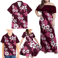 Hawaiian Hibiscus Tribal Floral Pink Family Matching Off Shoulder Maxi Dress and Hawaiian Shirt Polynesian Tapa Pattern - Polynesian Pride
