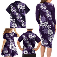 Hawaiian Hibiscus Tribal Floral Purple Family Matching Long Sleeve Bodycon Dress and Hawaiian Shirt Polynesian Tapa Pattern - Polynesian Pride