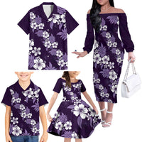Hawaiian Hibiscus Tribal Floral Purple Family Matching Off The Shoulder Long Sleeve Dress and Hawaiian Shirt Polynesian Tapa Pattern - Polynesian Pride
