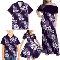 Hawaiian Hibiscus Tribal Floral Purple Family Matching Off Shoulder Maxi Dress and Hawaiian Shirt Polynesian Tapa Pattern - Polynesian Pride
