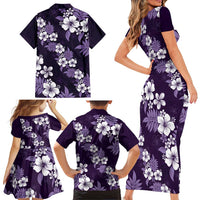 Hawaiian Hibiscus Tribal Floral Purple Family Matching Short Sleeve Bodycon Dress and Hawaiian Shirt Polynesian Tapa Pattern - Polynesian Pride