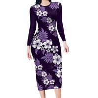Hawaiian Hibiscus Tribal Floral Purple Long Sleeve Bodycon Dress Polynesian Tapa Pattern LT01 Long Dress Purple - Polynesian Pride