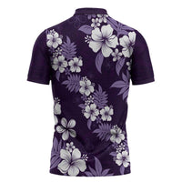 Hawaiian Hibiscus Tribal Floral Purple Zipper Polo Shirt Polynesian Tapa Pattern - Polynesian Pride