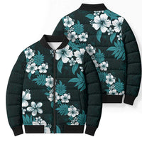 Hawaiian Hibiscus Tribal Floral Teal Bomber Puffer Jacket Polynesian Tapa Pattern - Polynesian Pride