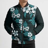 Hawaiian Hibiscus Tribal Floral Teal Bomber Puffer Jacket Polynesian Tapa Pattern - Polynesian Pride