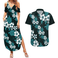 Hawaiian Hibiscus Tribal Floral Teal Couples Matching Summer Maxi Dress and Hawaiian Shirt Polynesian Tapa Pattern - Polynesian Pride