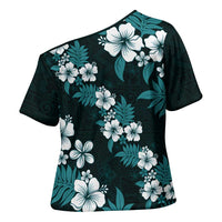 Hawaiian Hibiscus Tribal Floral Teal Cross Shoulder Shirt Polynesian Tapa Pattern - Polynesian Pride