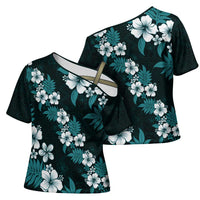 Hawaiian Hibiscus Tribal Floral Teal Cross Shoulder Shirt Polynesian Tapa Pattern - Polynesian Pride
