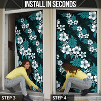 Hawaiian Hibiscus Tribal Floral Teal Door Cover Polynesian Tapa Pattern - Polynesian Pride