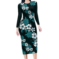 Hawaiian Hibiscus Tribal Floral Teal Family Matching Long Sleeve Bodycon Dress and Hawaiian Shirt Polynesian Tapa Pattern - Polynesian Pride