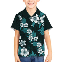 Hawaiian Hibiscus Tribal Floral Teal Family Matching Off Shoulder Short Dress and Hawaiian Shirt Polynesian Tapa Pattern - Polynesian Pride