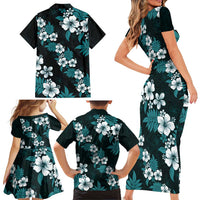 Hawaiian Hibiscus Tribal Floral Teal Family Matching Short Sleeve Bodycon Dress and Hawaiian Shirt Polynesian Tapa Pattern - Polynesian Pride