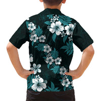 Hawaiian Hibiscus Tribal Floral Teal Kid Hawaiian Shirt Polynesian Tapa Pattern - Polynesian Pride