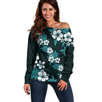 Hawaiian Hibiscus Tribal Floral Teal Off Shoulder Sweater Polynesian Tapa Pattern LT01 Women Teal - Polynesian Pride