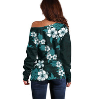 Hawaiian Hibiscus Tribal Floral Teal Off Shoulder Sweater Polynesian Tapa Pattern LT01 - Polynesian Pride