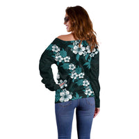 Hawaiian Hibiscus Tribal Floral Teal Off Shoulder Sweater Polynesian Tapa Pattern LT01 - Polynesian Pride