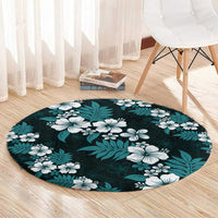 Hawaiian Hibiscus Tribal Floral Teal Round Carpet Polynesian Tapa Pattern - Polynesian Pride