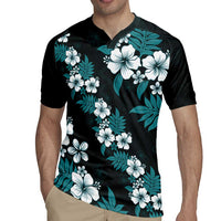Hawaiian Hibiscus Tribal Floral Teal Rugby Jersey Polynesian Tapa Pattern - Polynesian Pride