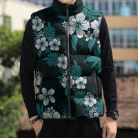 Hawaiian Hibiscus Tribal Floral Teal Sleeveless Puffer Jacket Polynesian Tapa Pattern - Polynesian Pride
