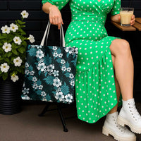 Hawaiian Hibiscus Tribal Floral Teal Tote Bag Polynesian Tapa Pattern - Polynesian Pride