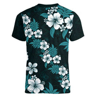 Hawaiian Hibiscus Tribal Floral Teal Women V-Neck T-Shirt Polynesian Tapa Pattern LT01 - Polynesian Pride