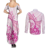 Personalised New Zealand Pink Fern Breast Cancer Couples Matching Summer Maxi Dress and Long Sleeve Button Shirt Polynesian Pattern LT01 - Polynesian Pride