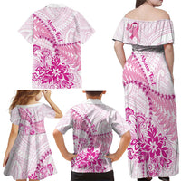 Personalised New Zealand Pink Fern Breast Cancer Family Matching Off Shoulder Maxi Dress and Hawaiian Shirt Polynesian Pattern LT01 - Polynesian Pride