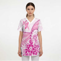 Personalised New Zealand Pink Fern Breast Cancer Scrub Top Polynesian Pattern - Polynesian Pride