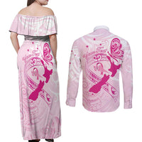 Personalised Aotearoa Breast Cancer Couples Matching Off Shoulder Maxi Dress and Long Sleeve Button Shirt New Zealand Maori Pattern LT01 - Polynesian Pride