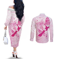 Personalised Aotearoa Breast Cancer Couples Matching Off The Shoulder Long Sleeve Dress and Long Sleeve Button Shirt New Zealand Maori Pattern LT01 - Polynesian Pride